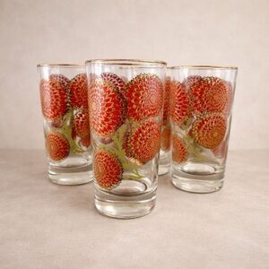 Vintage Mid Century Floral Highball Glasses Set of 4-Red Chrysanthemum Gold Rim